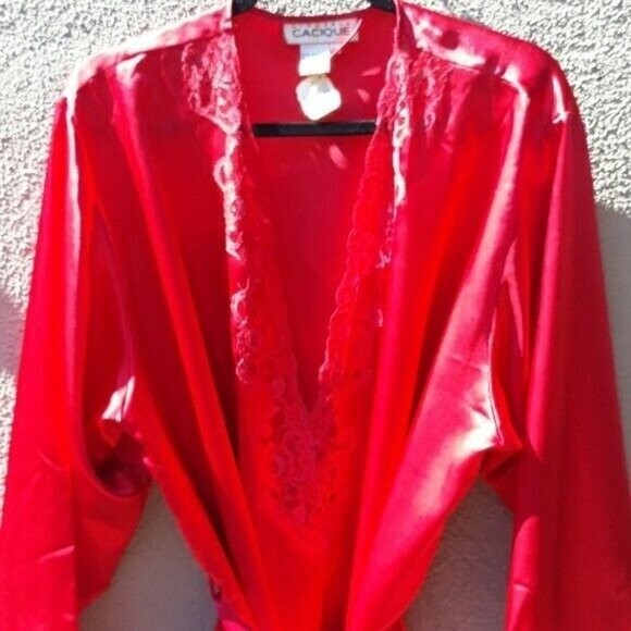 Vintage CACIQUE LINGERIE ROBE LG RED LACEY WRAP ROBE KIMONO NWT Dead Stock - Picture 7 of 13